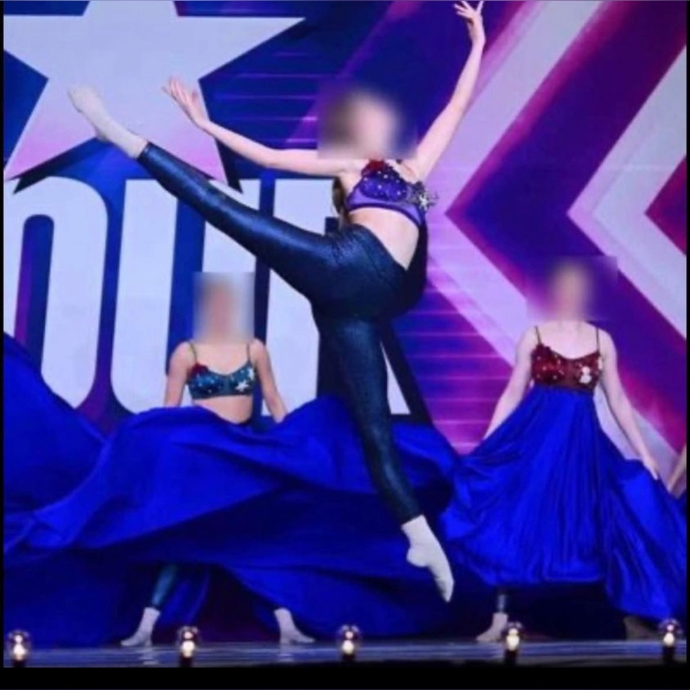 blue/maroon two piece solo costume